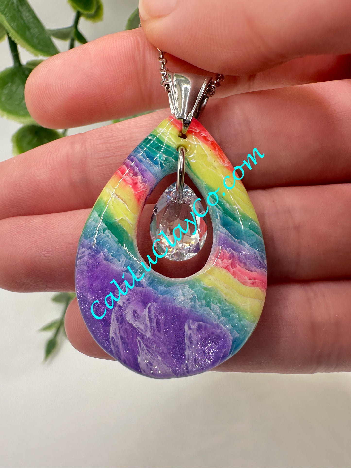 Neon Rainbow Teardrop Pendant with Swarovski Teardrop Necklace