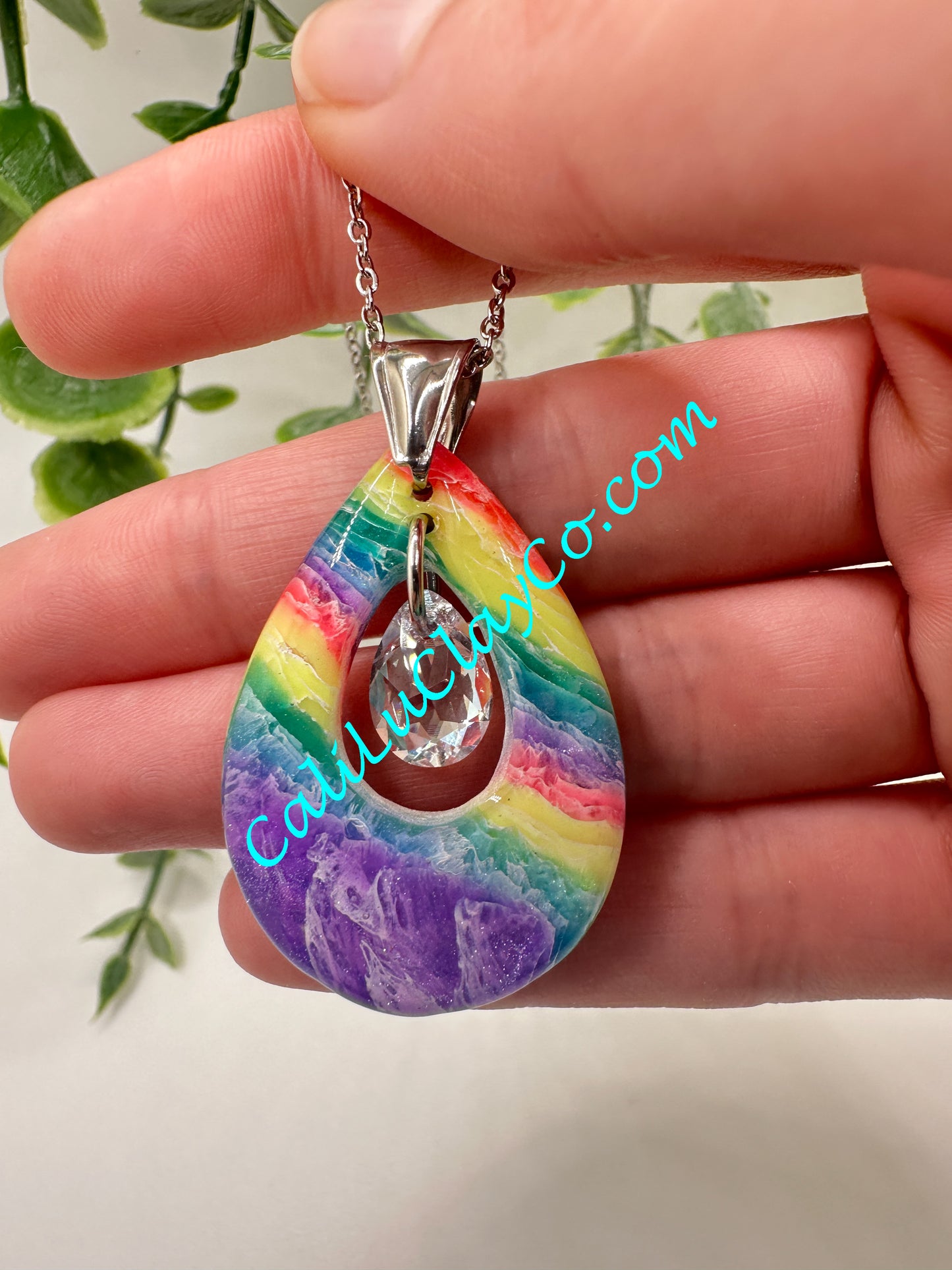 Neon Rainbow Teardrop Pendant with Swarovski Teardrop Necklace