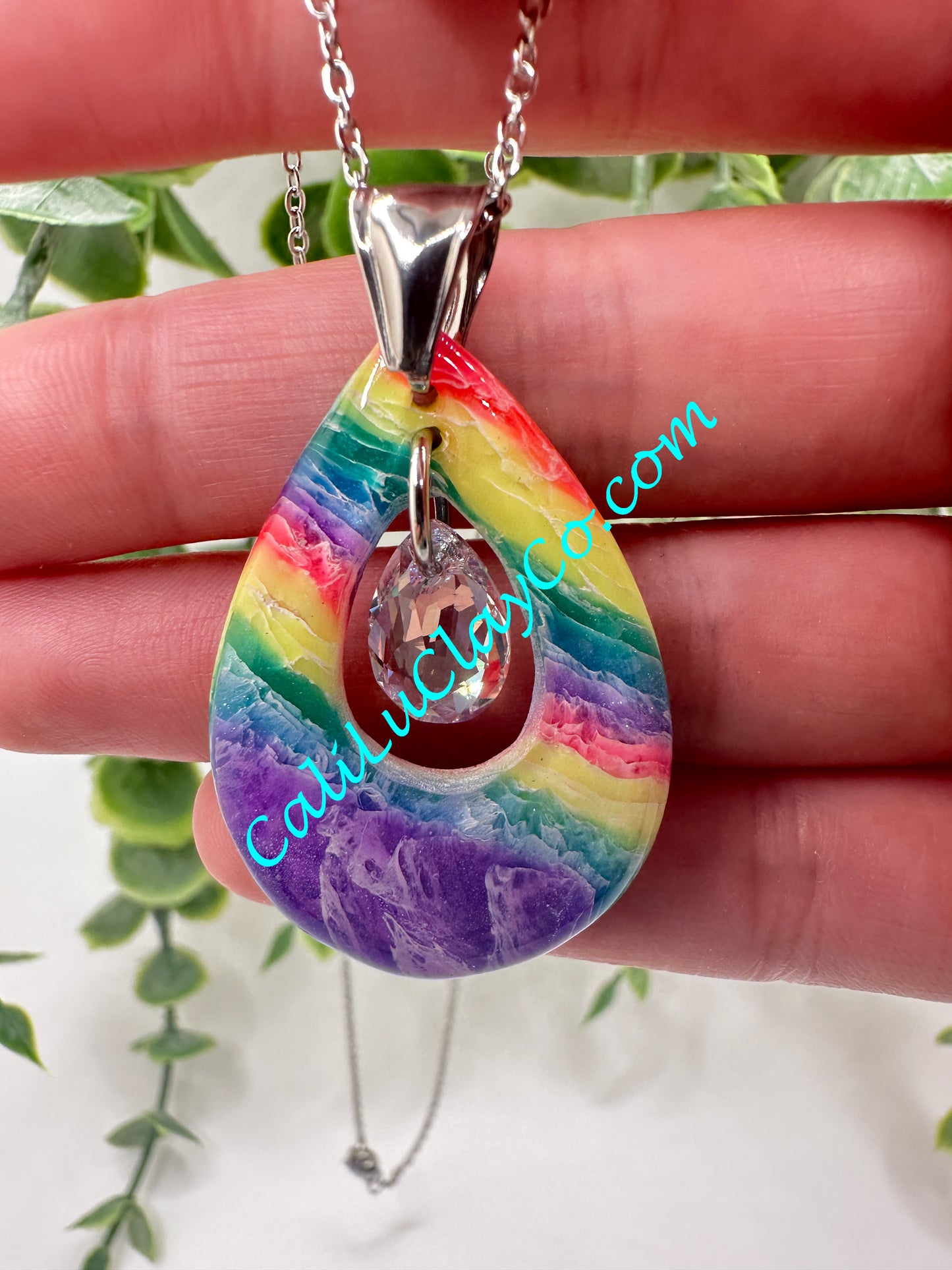 Neon Rainbow Teardrop Pendant with Swarovski Teardrop Necklace