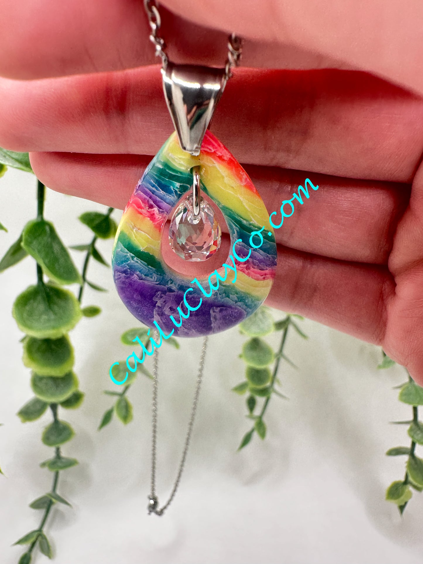 Neon Rainbow Teardrop Pendant with Swarovski Teardrop Necklace