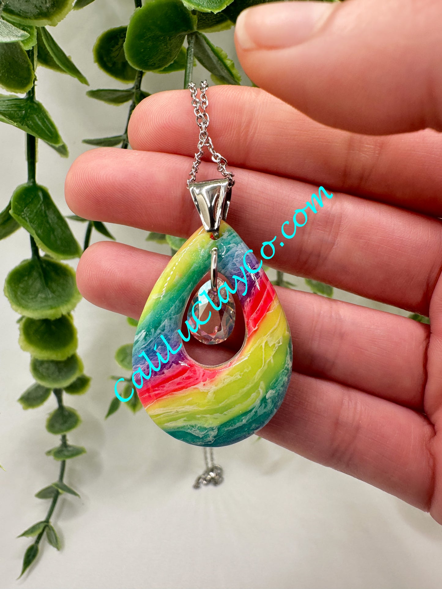 Neon Rainbow Teardrop Pendant with Swarovski Teardrop Necklace