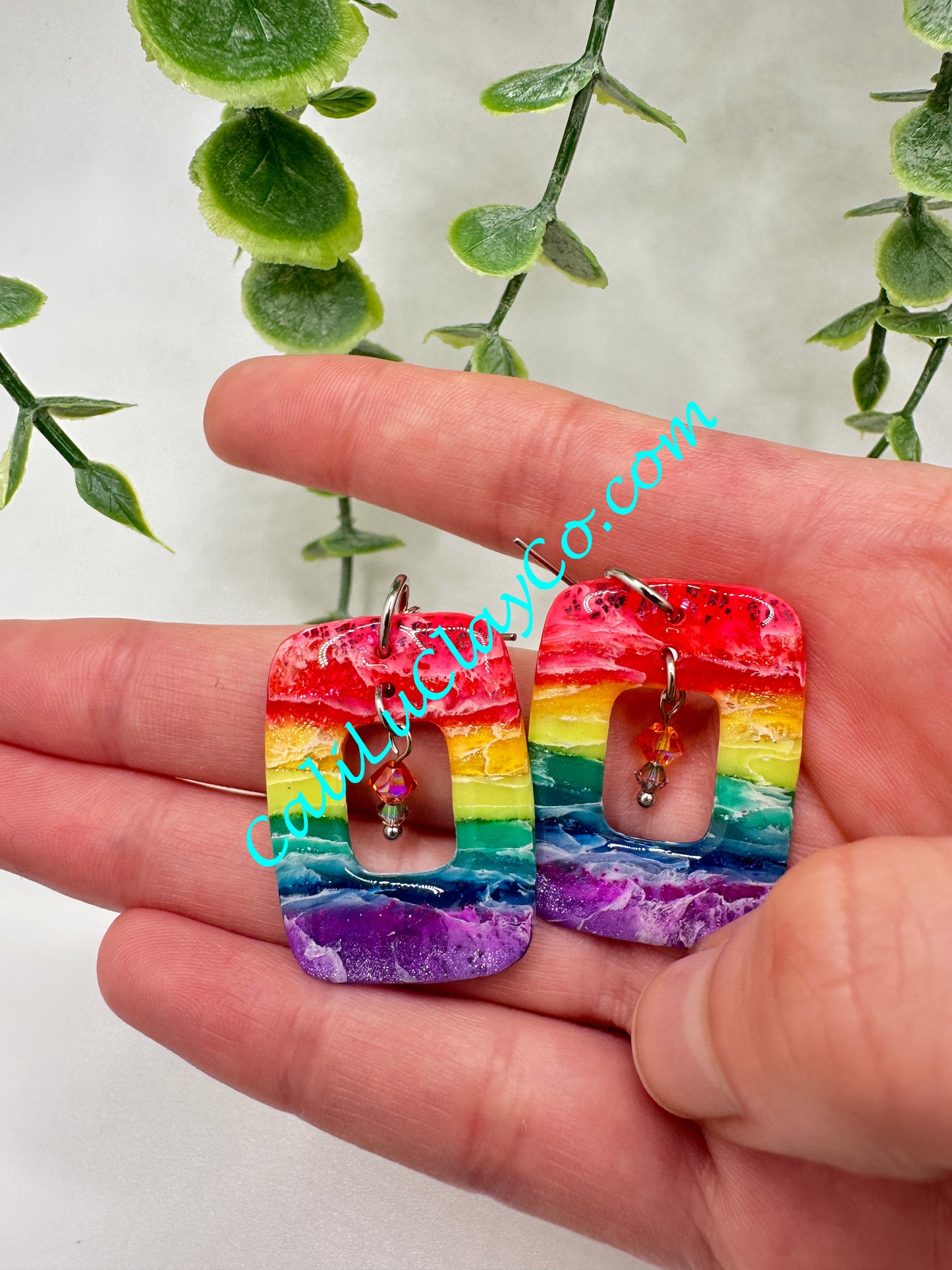 Rectagular Rainbow Hoop Dangle Earrings