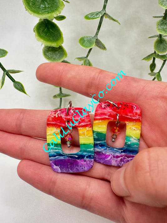 Rectagular Rainbow Hoop Dangle Earrings