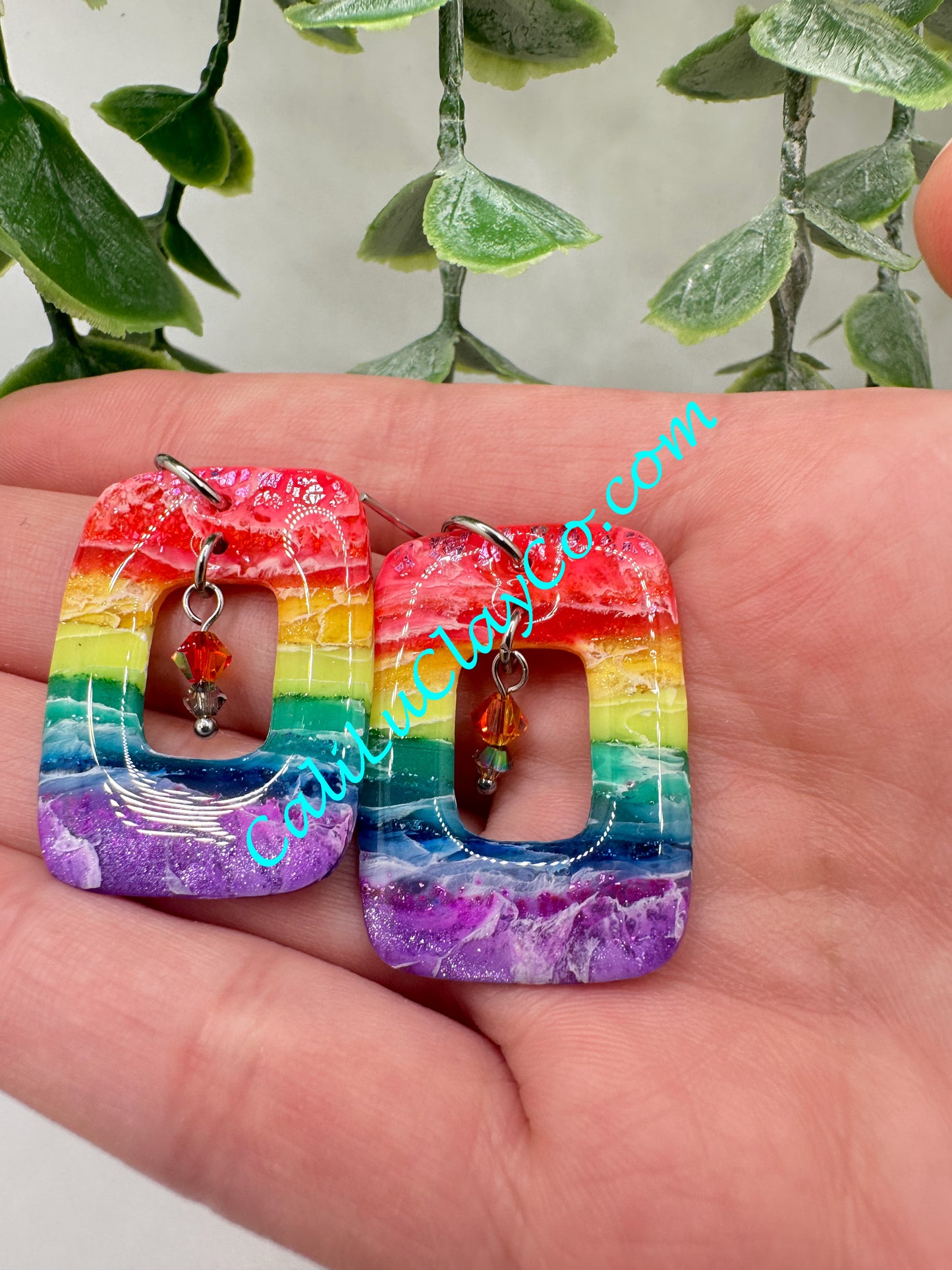 Rectagular Rainbow Hoop Dangle Earrings
