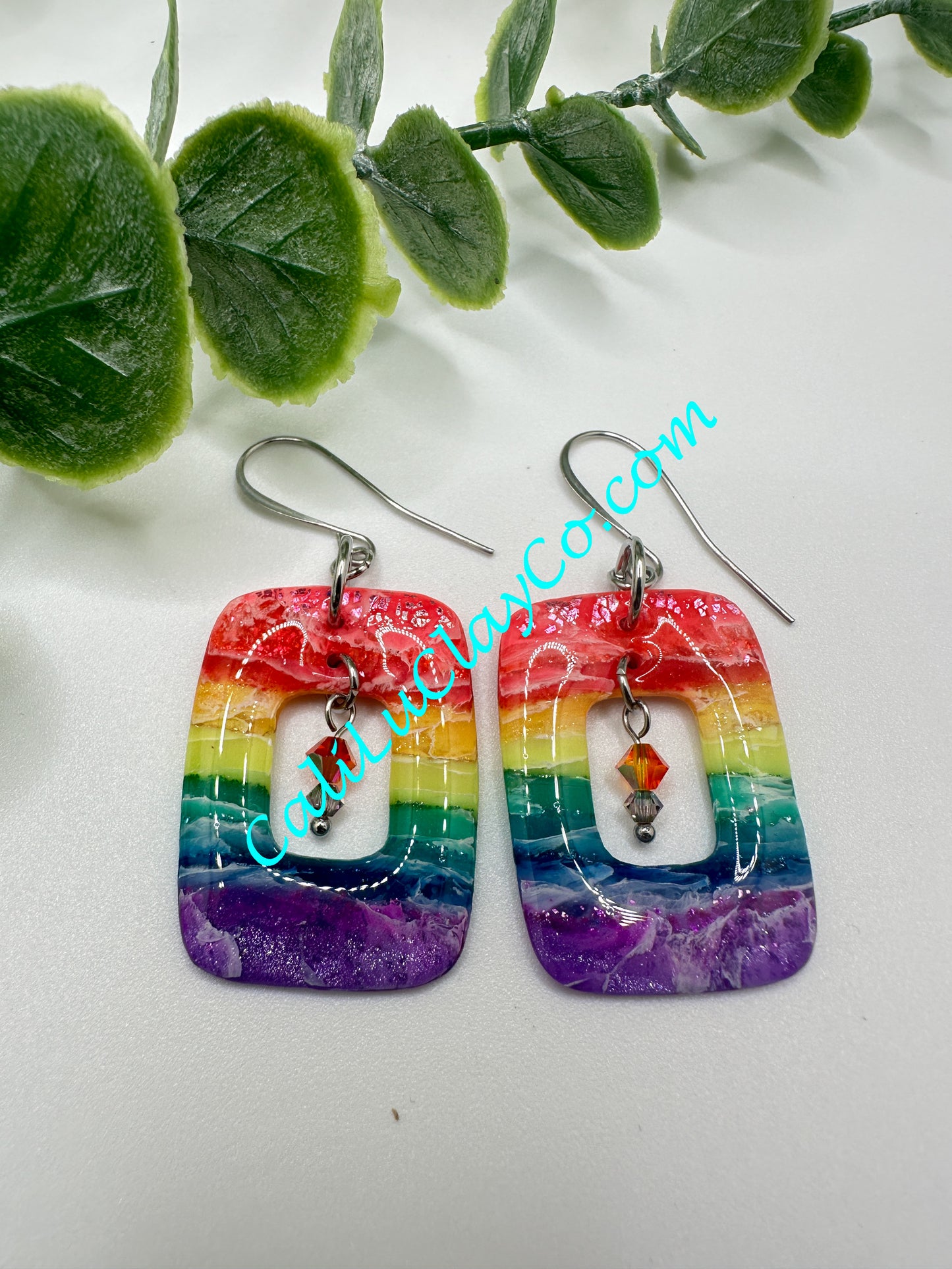 Rectagular Rainbow Hoop Dangle Earrings