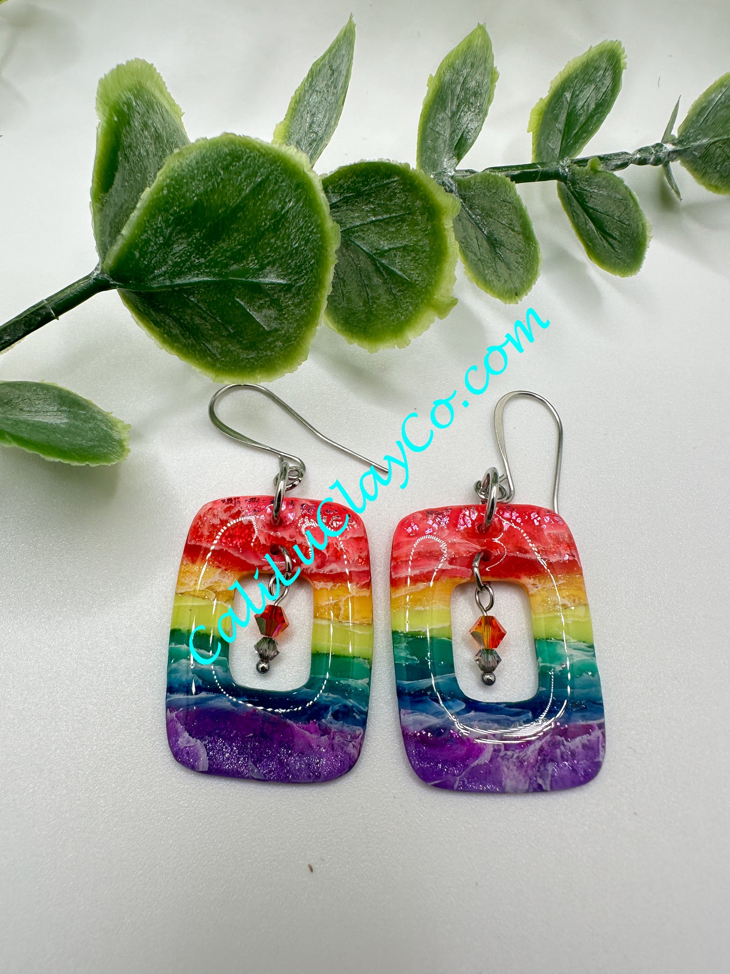 Rectagular Rainbow Hoop Dangle Earrings