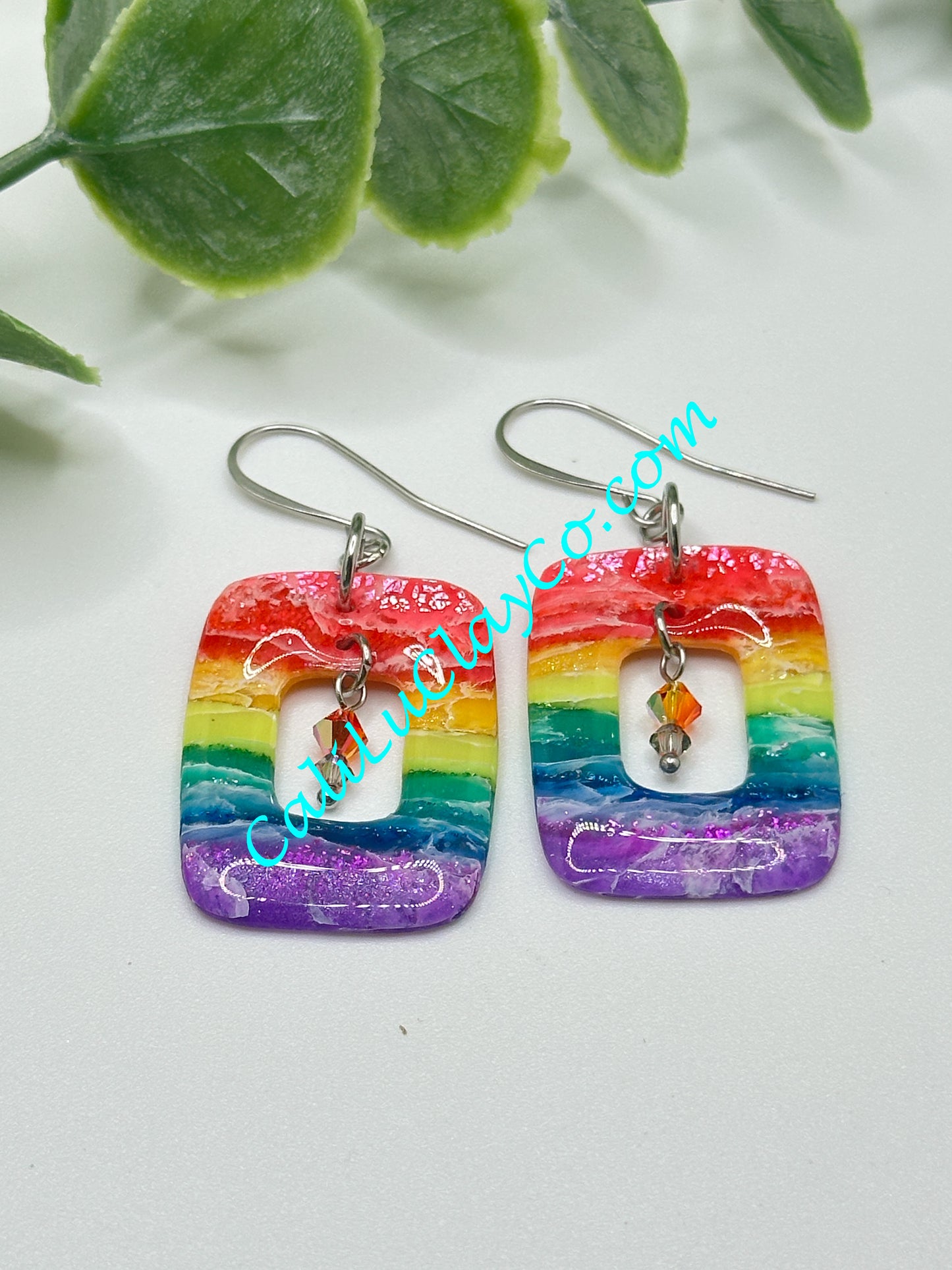 Rectagular Rainbow Hoop Dangle Earrings