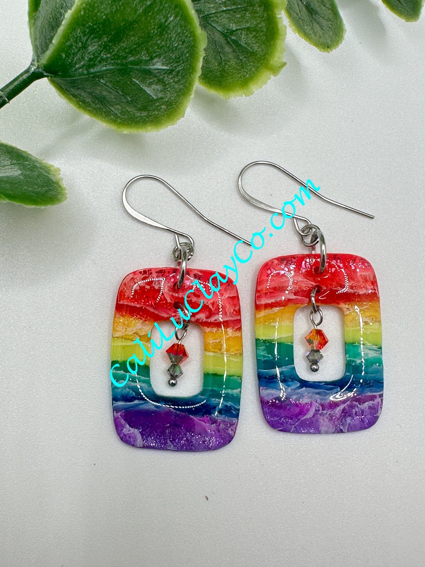 Rectagular Rainbow Hoop Dangle Earrings