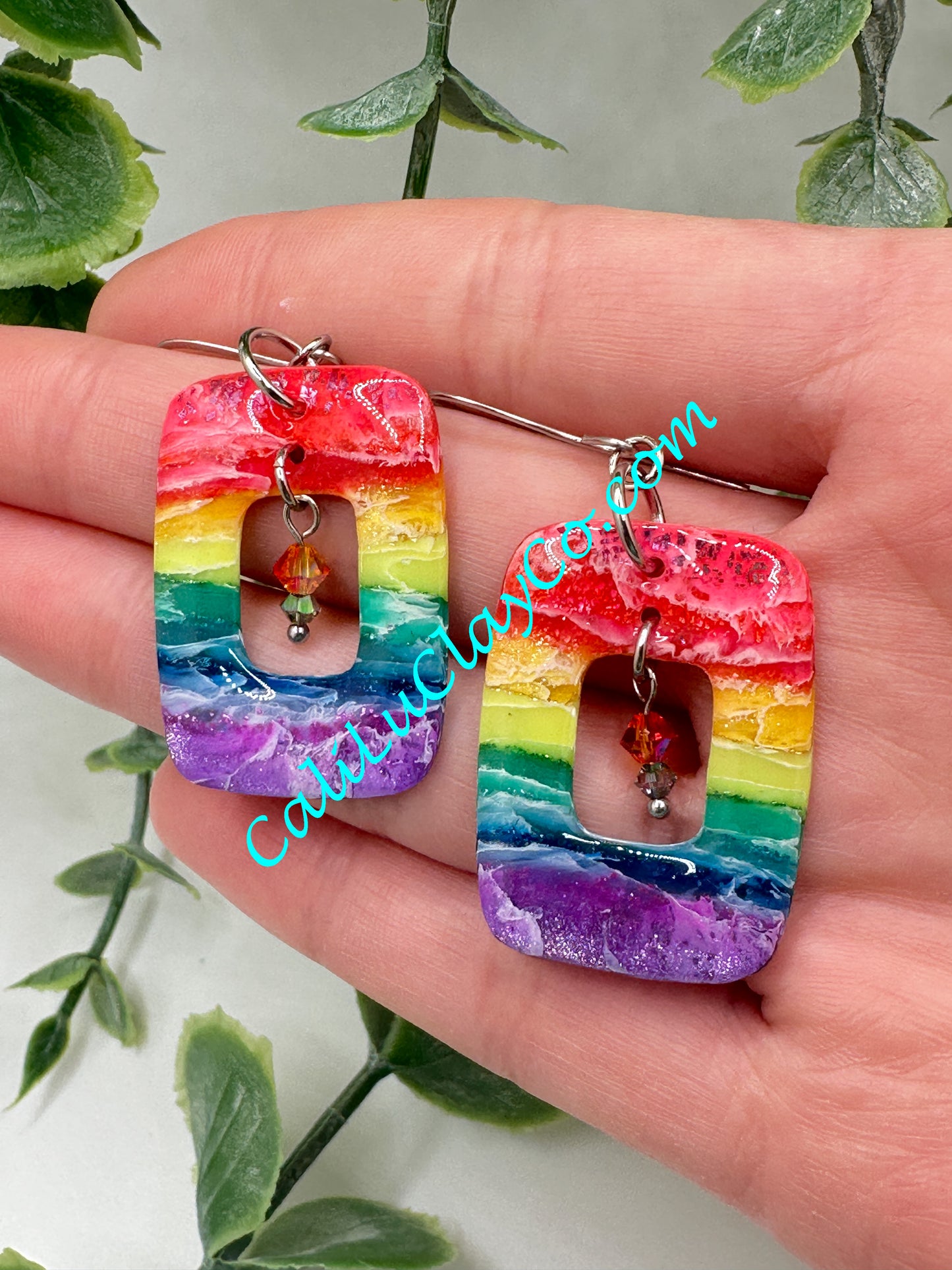 Rectagular Rainbow Hoop Dangle Earrings