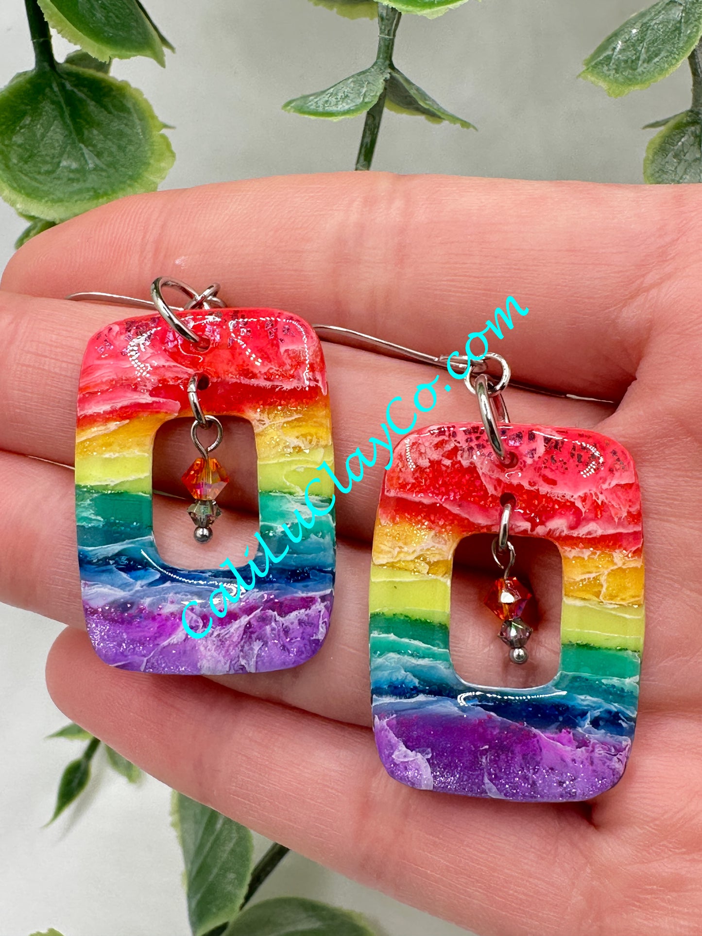 Rectagular Rainbow Hoop Dangle Earrings