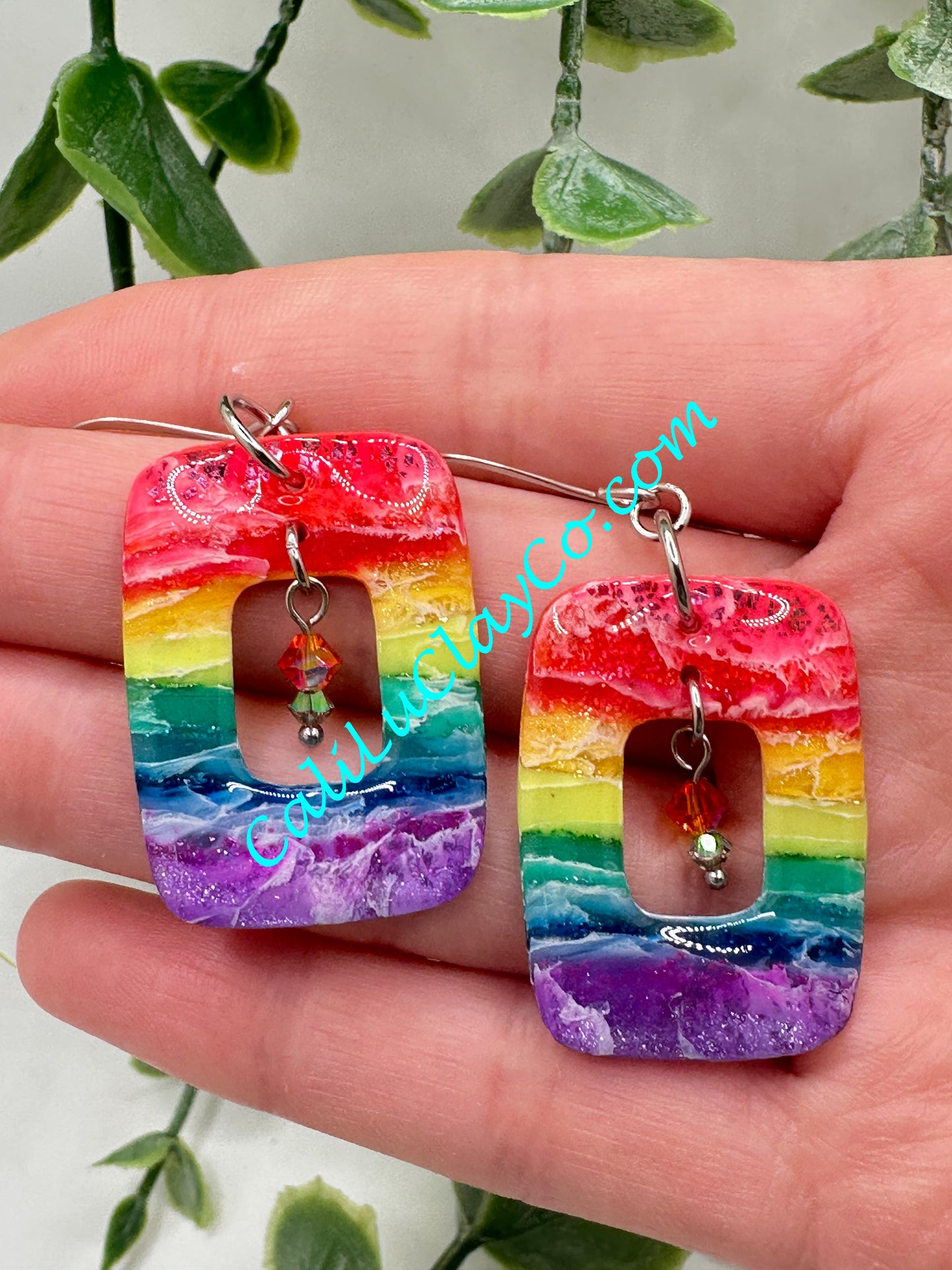 Rectagular Rainbow Hoop Dangle Earrings