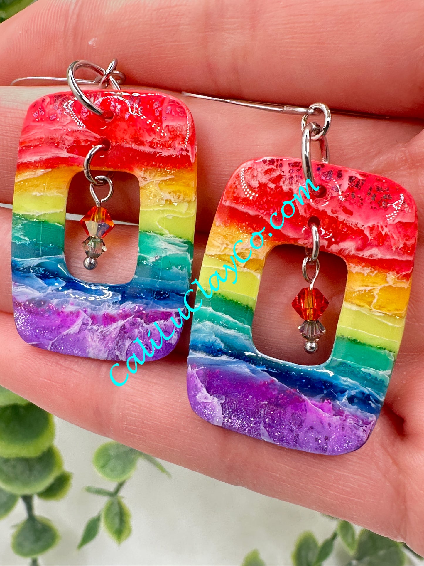 Rectagular Rainbow Hoop Dangle Earrings