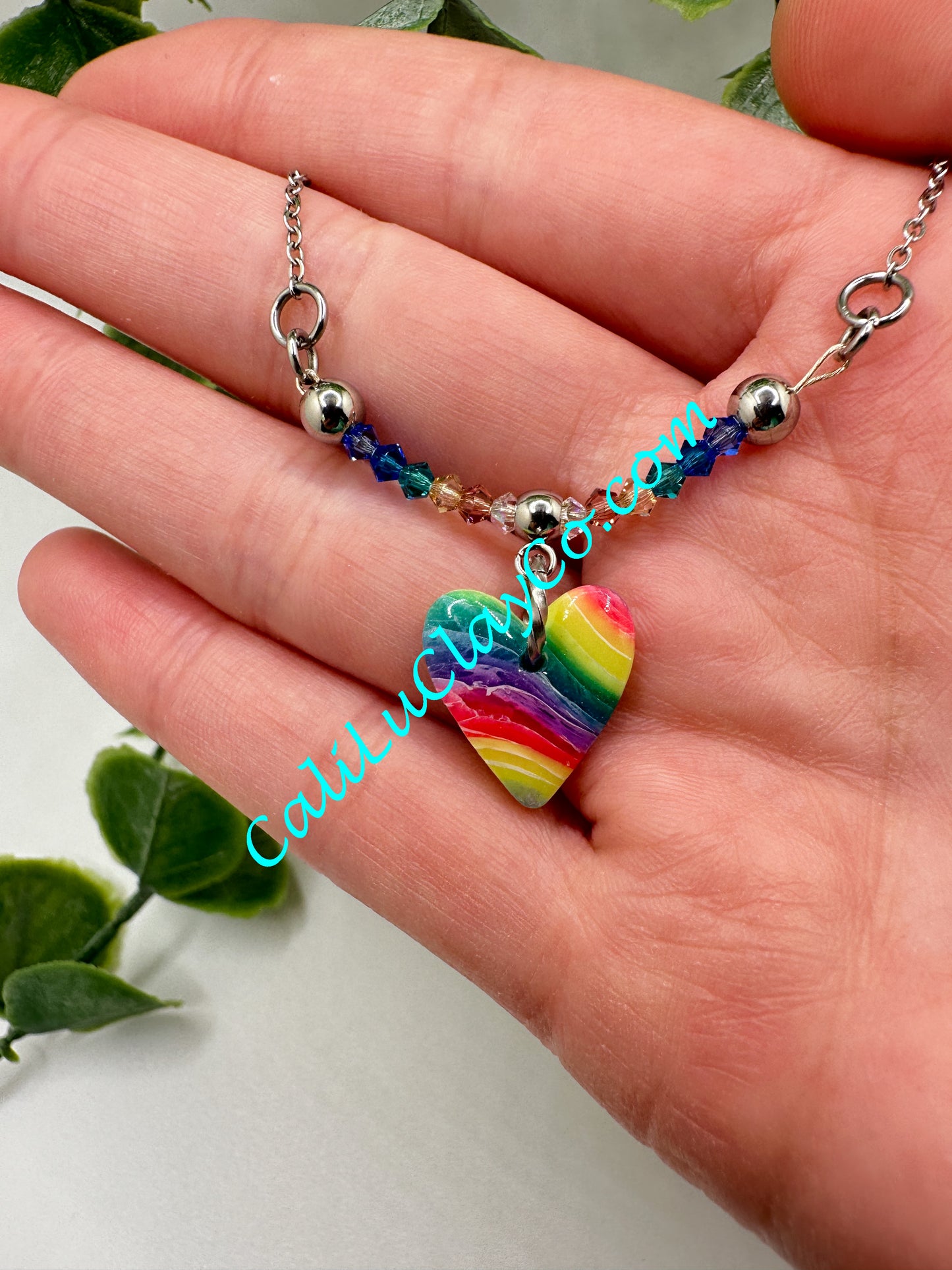 Rainbow Marbled Heart & Swarovski Crystals Necklace