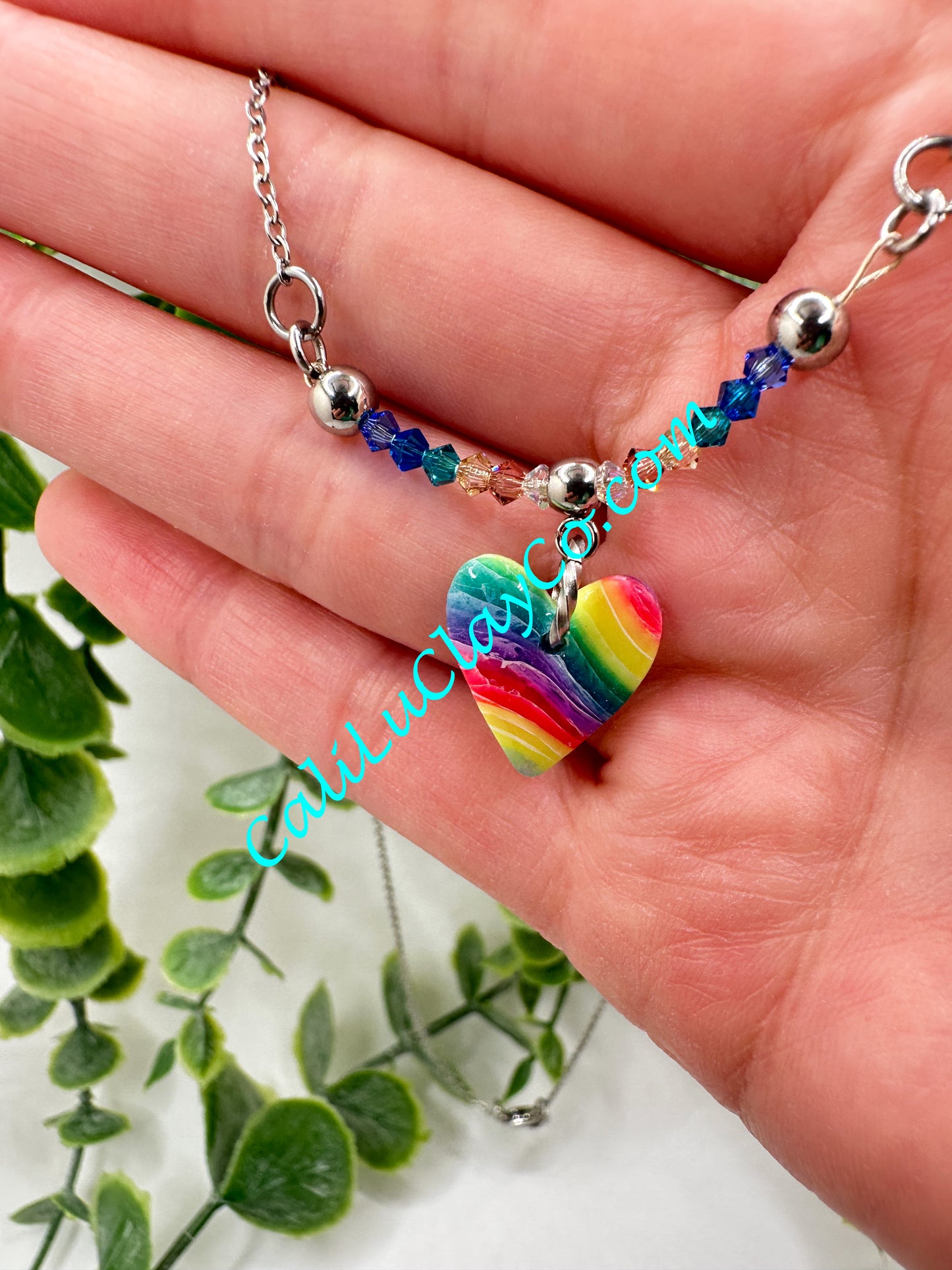 Rainbow Marbled Heart & Swarovski Crystals Necklace