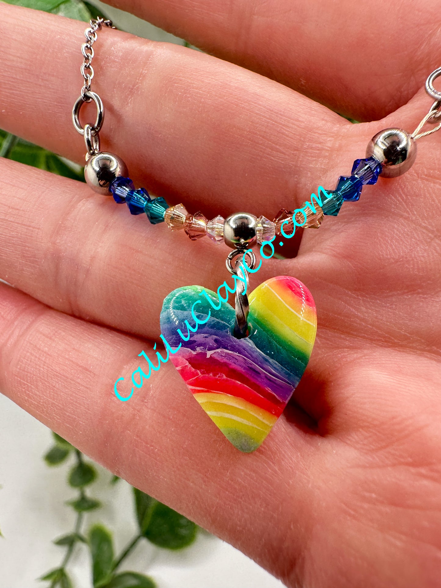 Rainbow Marbled Heart & Swarovski Crystals Necklace