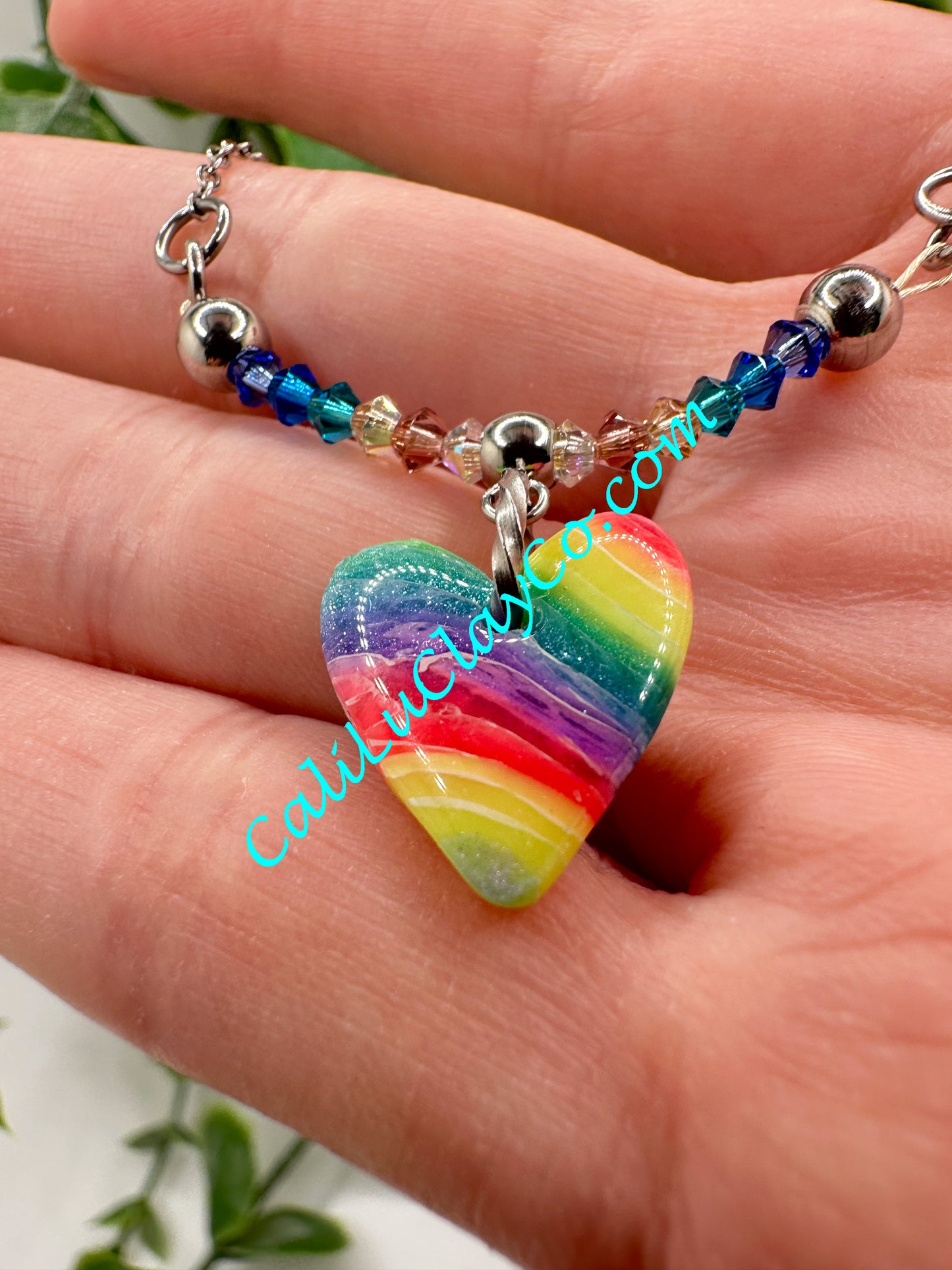 Rainbow Marbled Heart & Swarovski Crystals Necklace