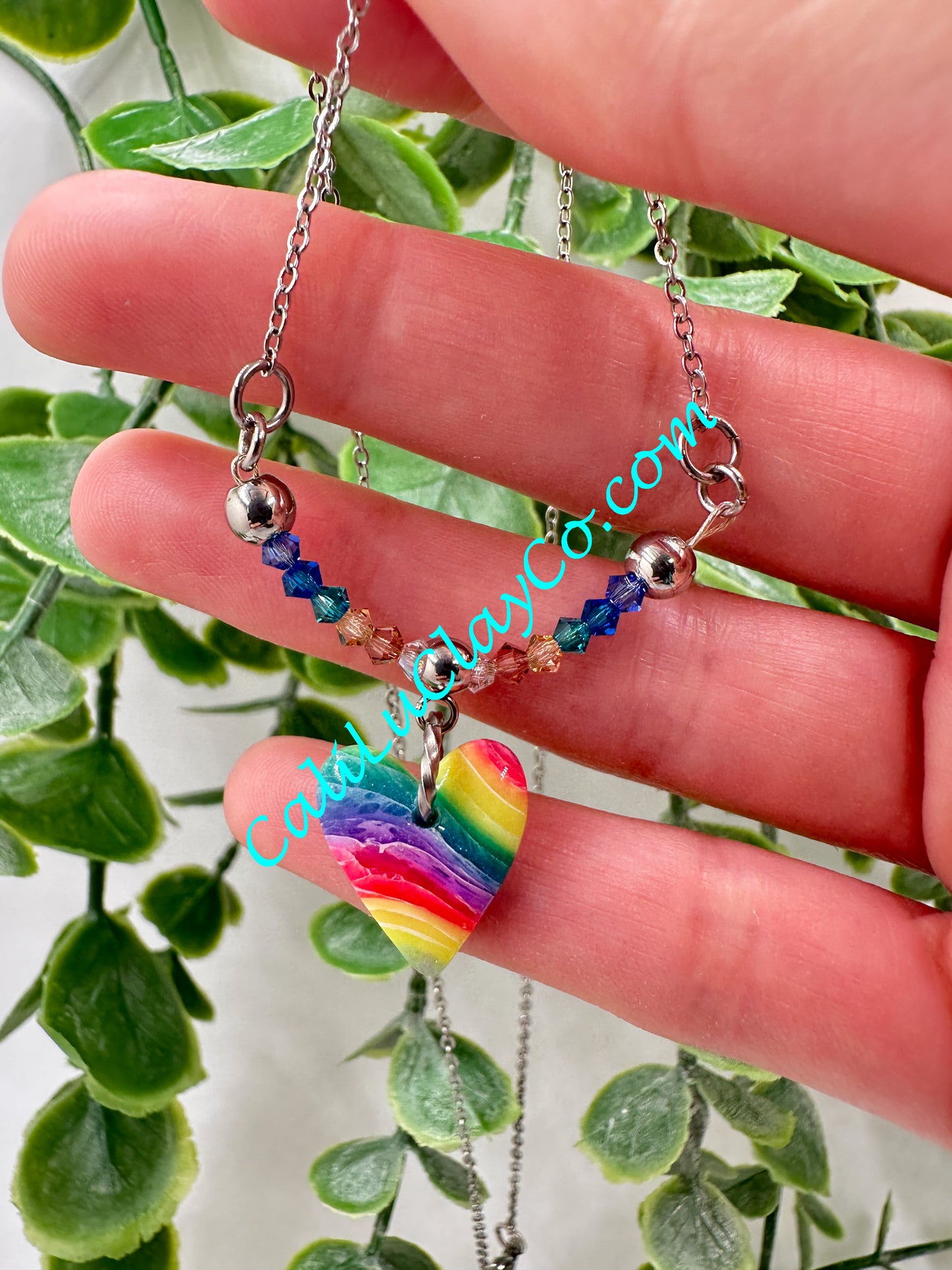 Rainbow Marbled Heart & Swarovski Crystals Necklace