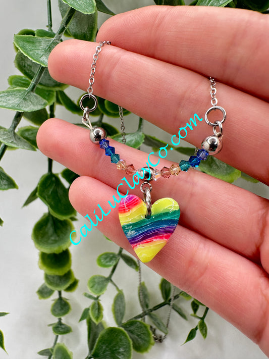 Rainbow Marbled Heart & Swarovski Crystals Necklace