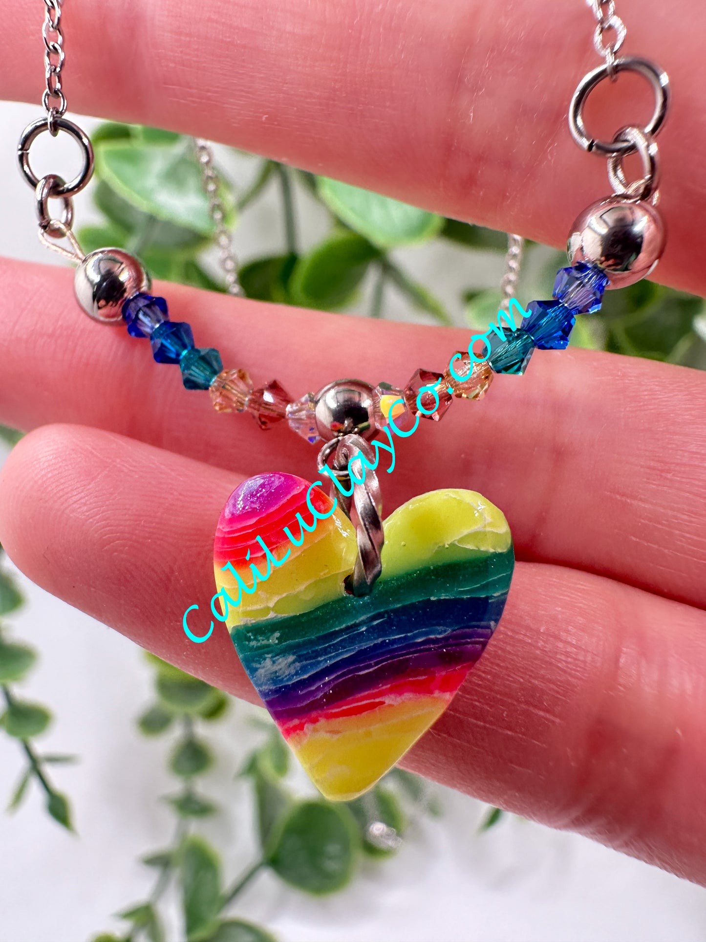 Rainbow Marbled Heart & Swarovski Crystals Necklace