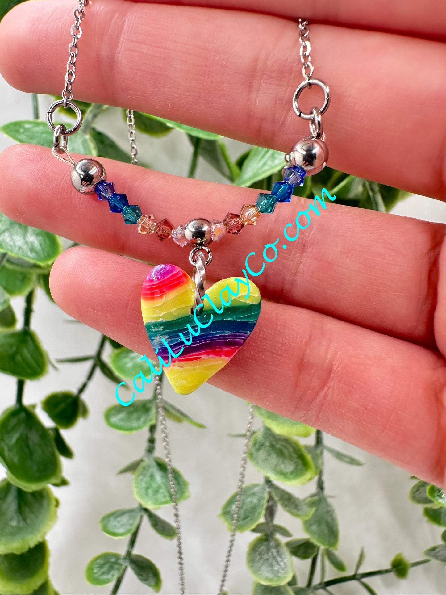 Rainbow Marbled Heart & Swarovski Crystals Necklace