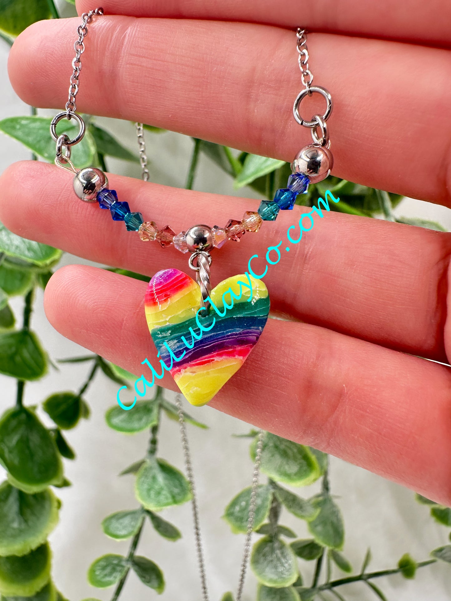 Rainbow Marbled Heart & Swarovski Crystals Necklace