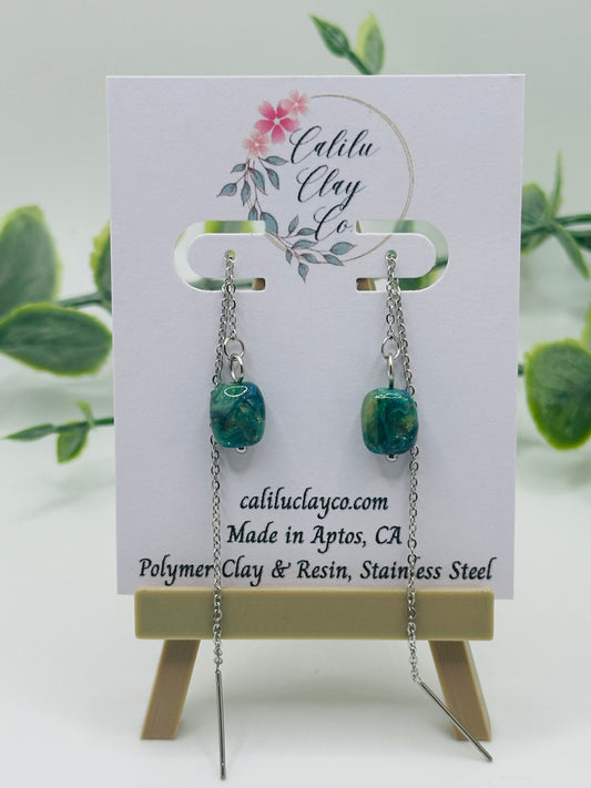Silver Ear Thread Green Marbled Handmade Bead Dangles