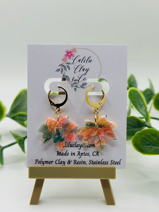 Coral and Jade Marbled Autumn Leaves with Mini Gold Hoops