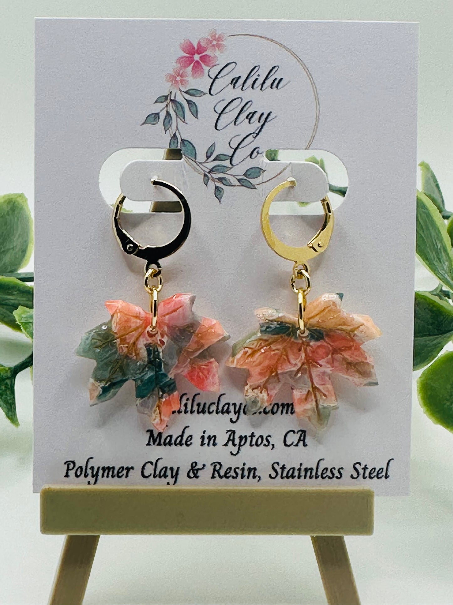 Coral and Jade Marbled Autumn Leaves with Mini Gold Hoops
