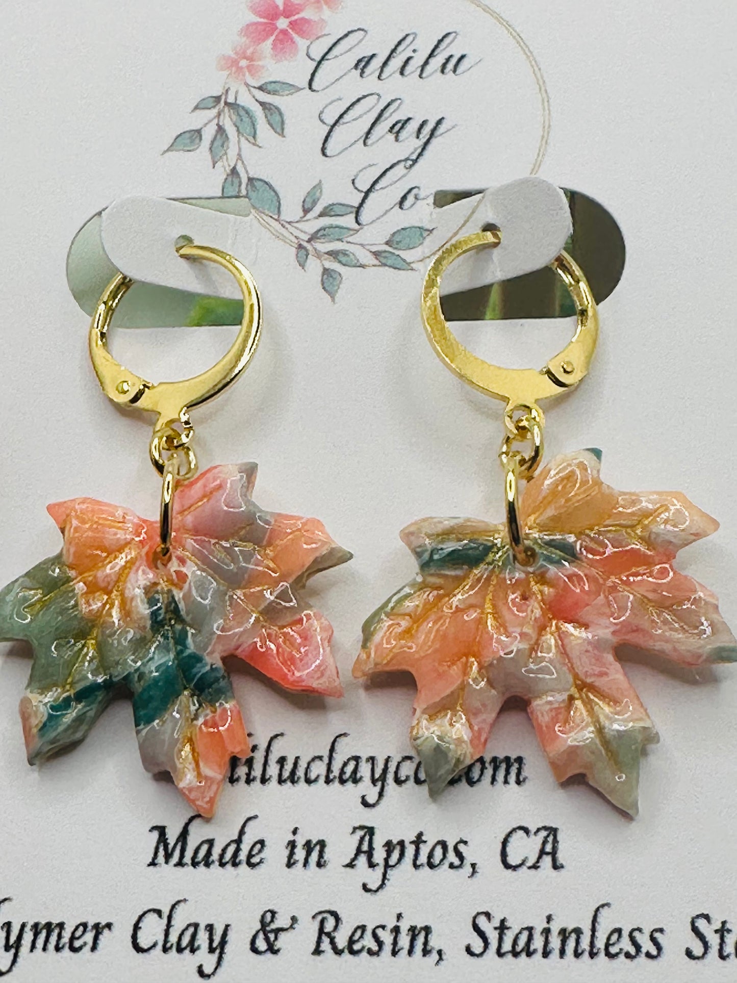 Coral and Jade Marbled Autumn Leaves with Mini Gold Hoops