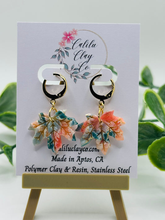 Coral and Jade Marbled Autumn Leaves with Mini Gold Hoops