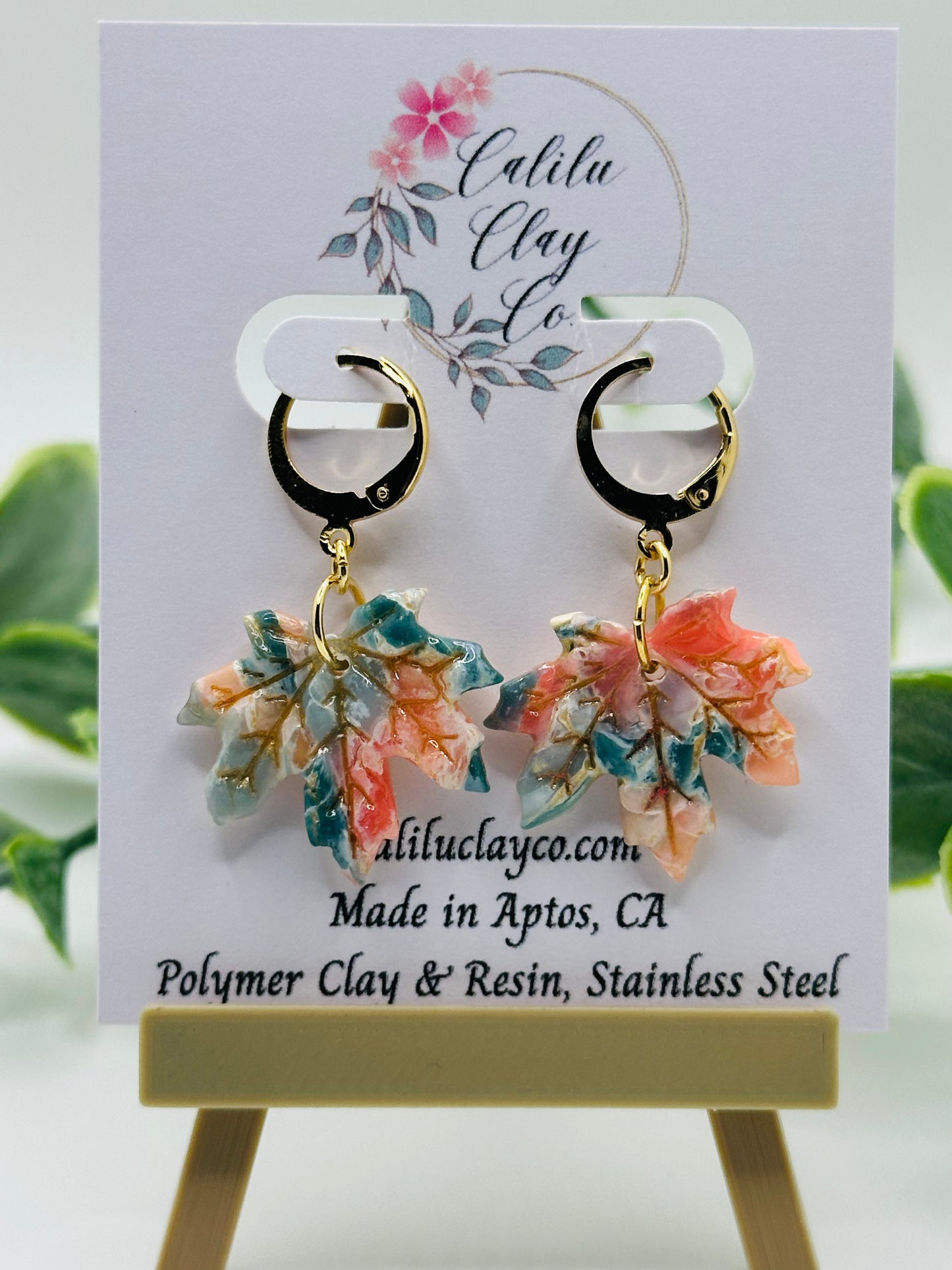 Coral and Jade Marbled Autumn Leaves with Mini Gold Hoops