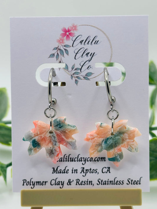 Coral and Jade Marbled Autumn Leaves with Mini Silver Hoops