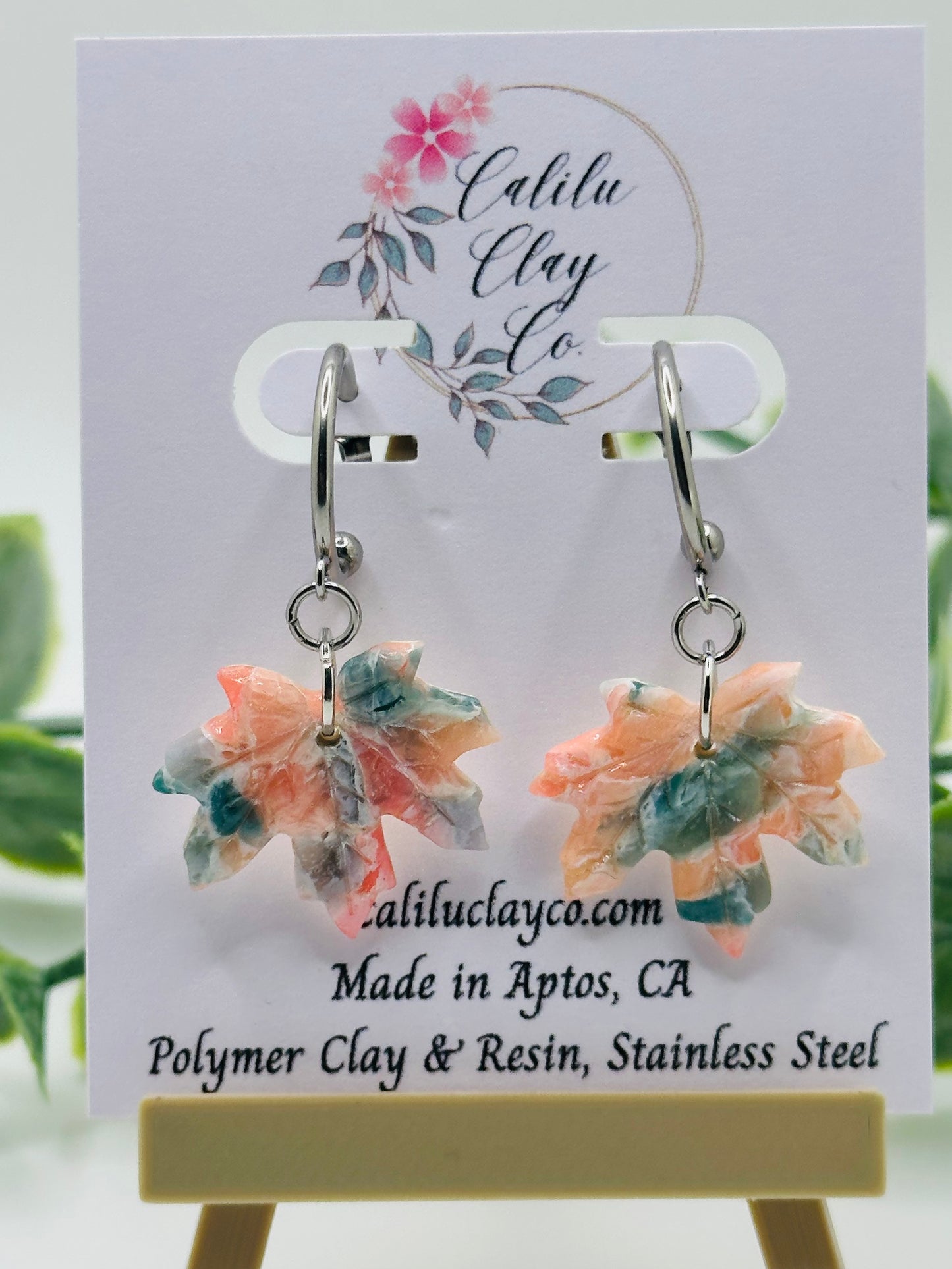 Coral and Jade Marbled Autumn Leaves with Mini Silver Hoops