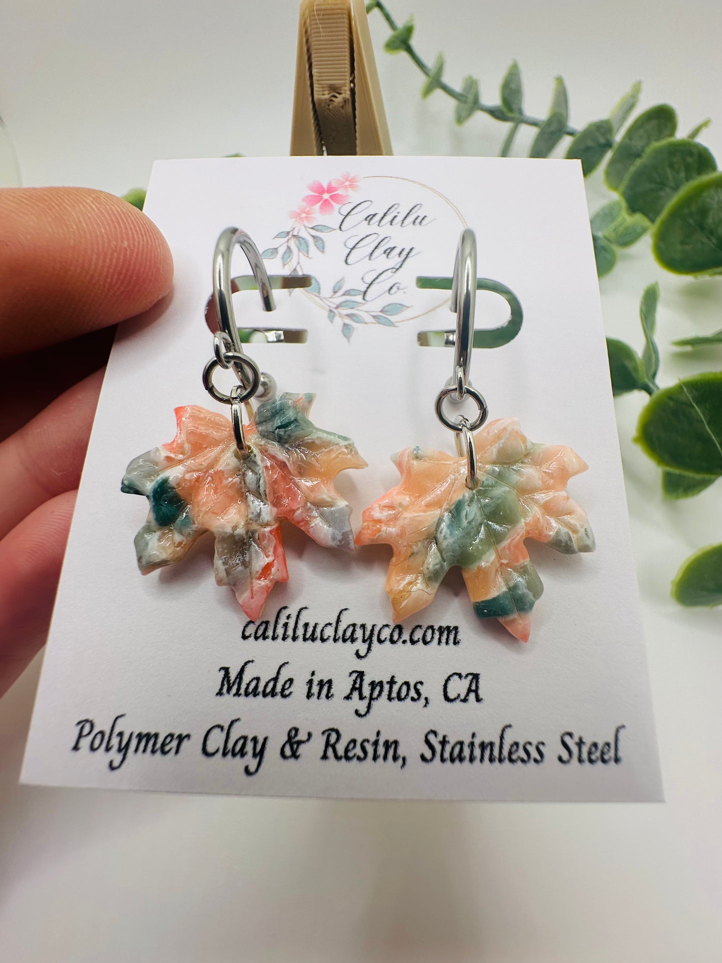 Coral and Jade Marbled Autumn Leaves with Mini Silver Hoops