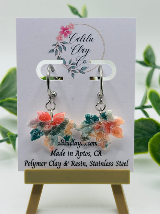 Coral and Jade Marbled Autumn Leaves with Mini Silver Hoops