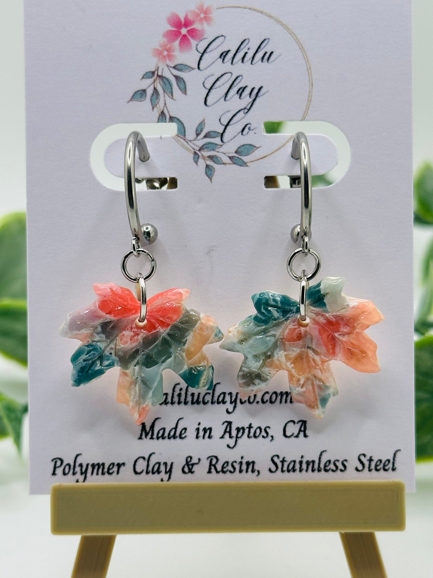 Coral and Jade Marbled Autumn Leaves with Mini Silver Hoops