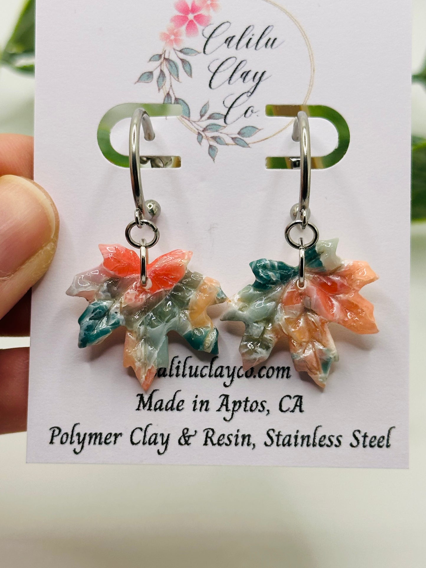 Coral and Jade Marbled Autumn Leaves with Mini Silver Hoops