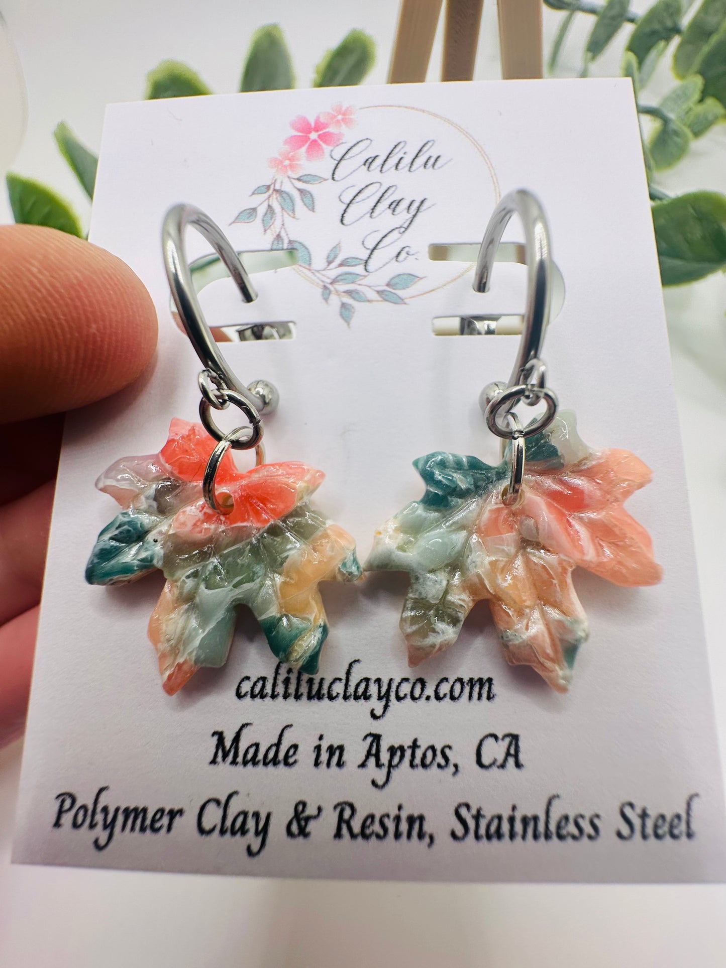 Coral and Jade Marbled Autumn Leaves with Mini Silver Hoops