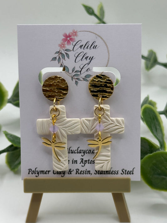White Leaf Embossed Cross with Dragonflies Dangles