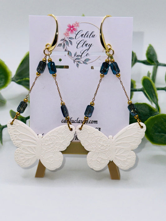 Long White and Gold Butterfly Dangles