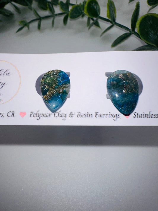 Sparkly Blue and Gold Irridescent Drop Studs / Post Earrings