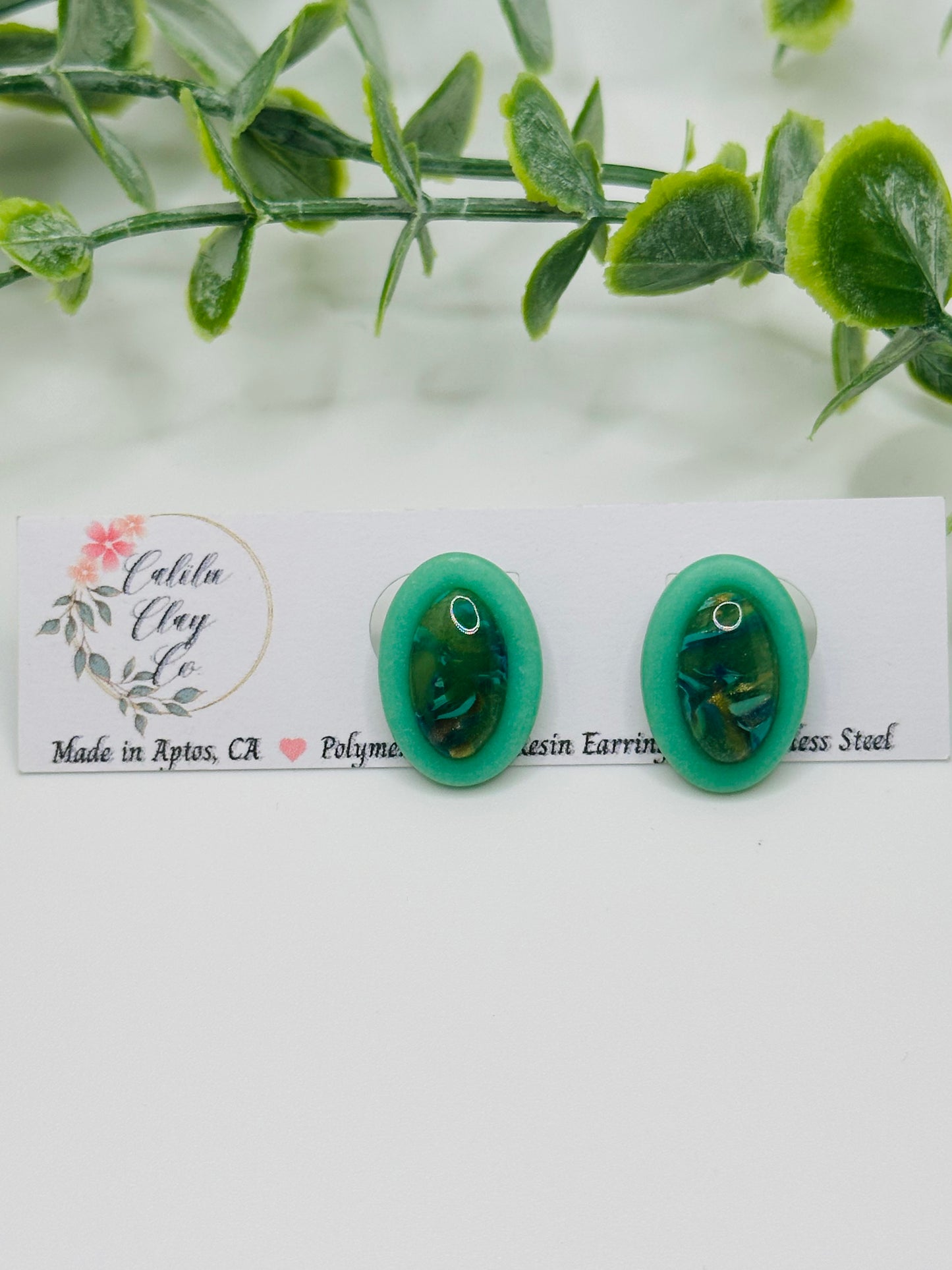 Jade Marbled Oval Studs / Post Earrings