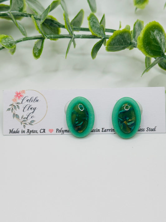 Jade Marbled Oval Studs / Post Earrings