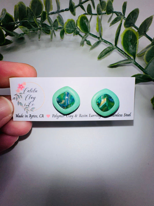 Jade Marbled Round Square Studs / Post Earrings