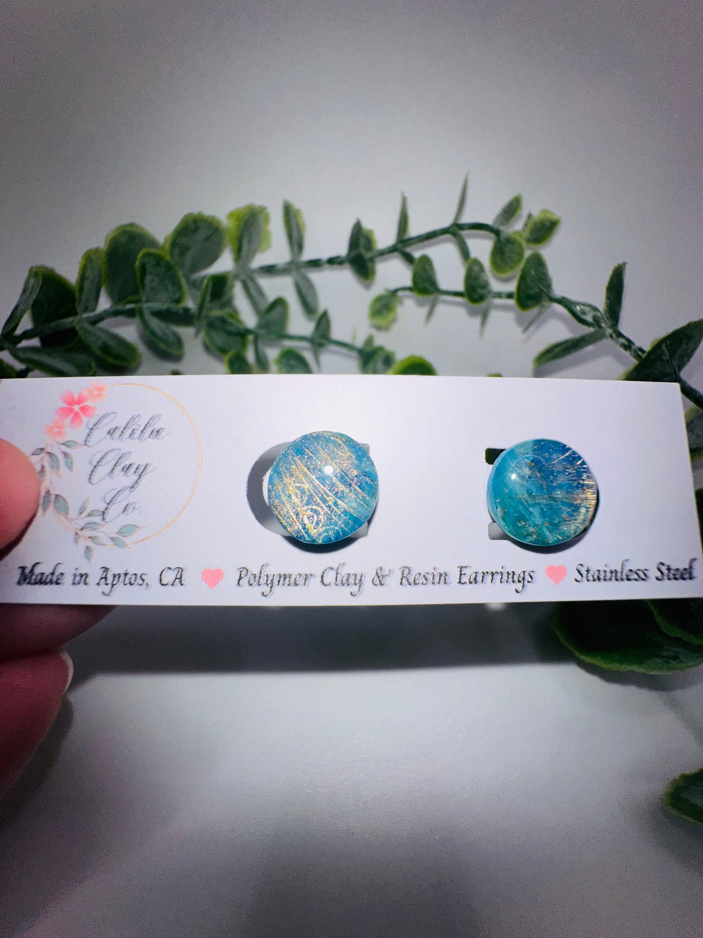 Sparkly Blue and Gold Round Studs / Post Earrings