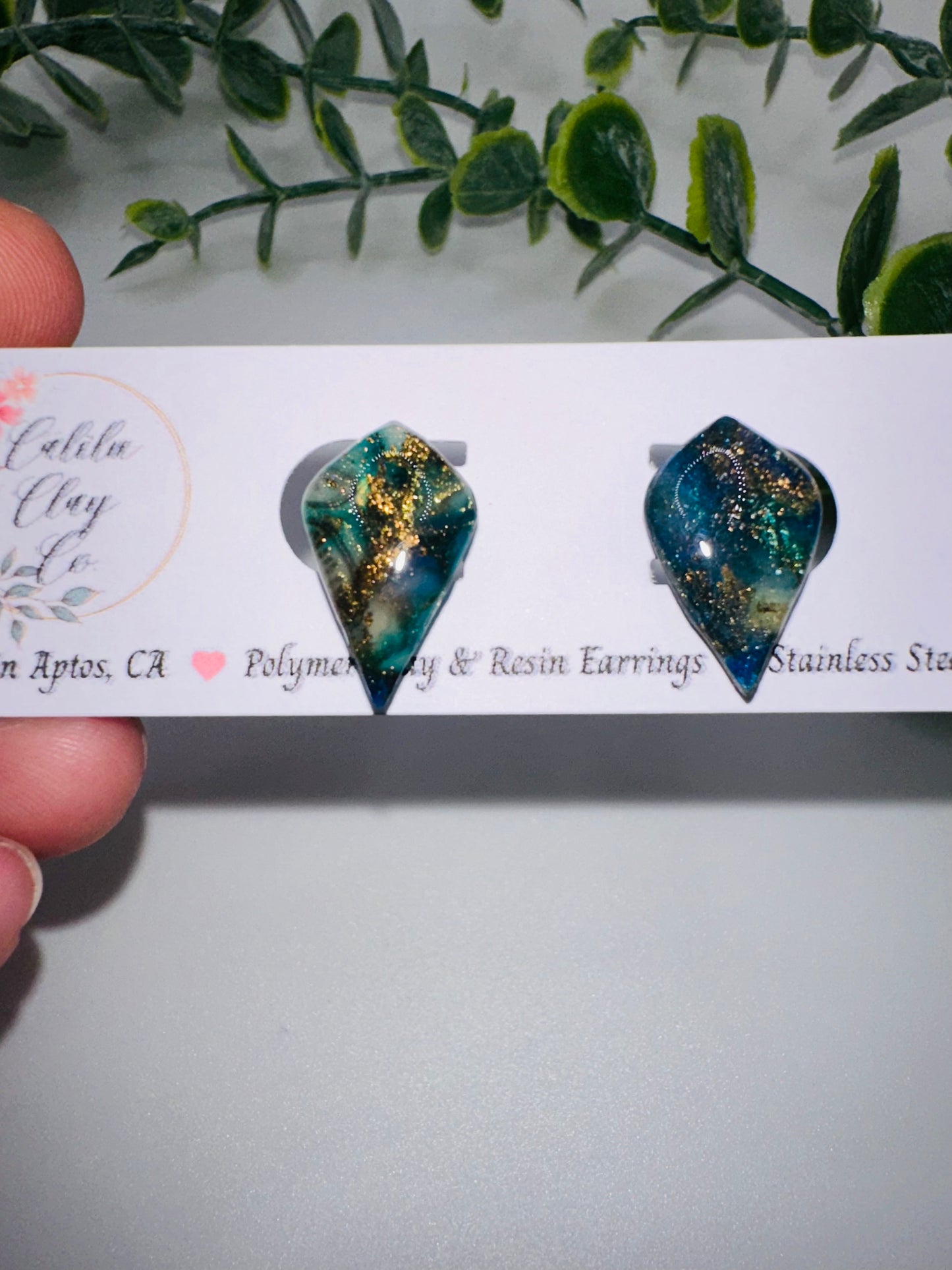 Sparkly Blue and Gold Irridescent Drop Studs / Post Earrings