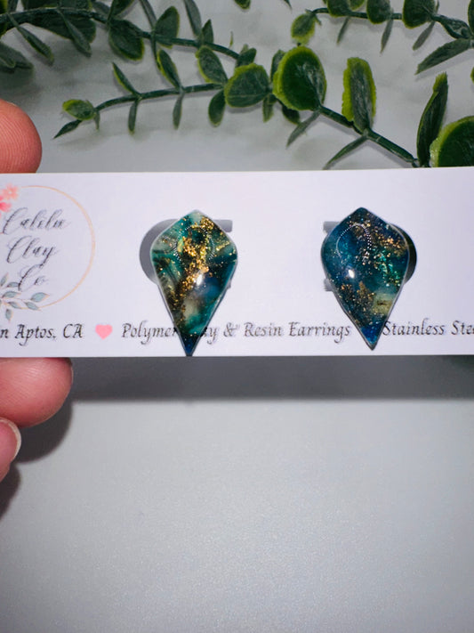 Sparkly Blue and Gold Irridescent Drop Studs / Post Earrings