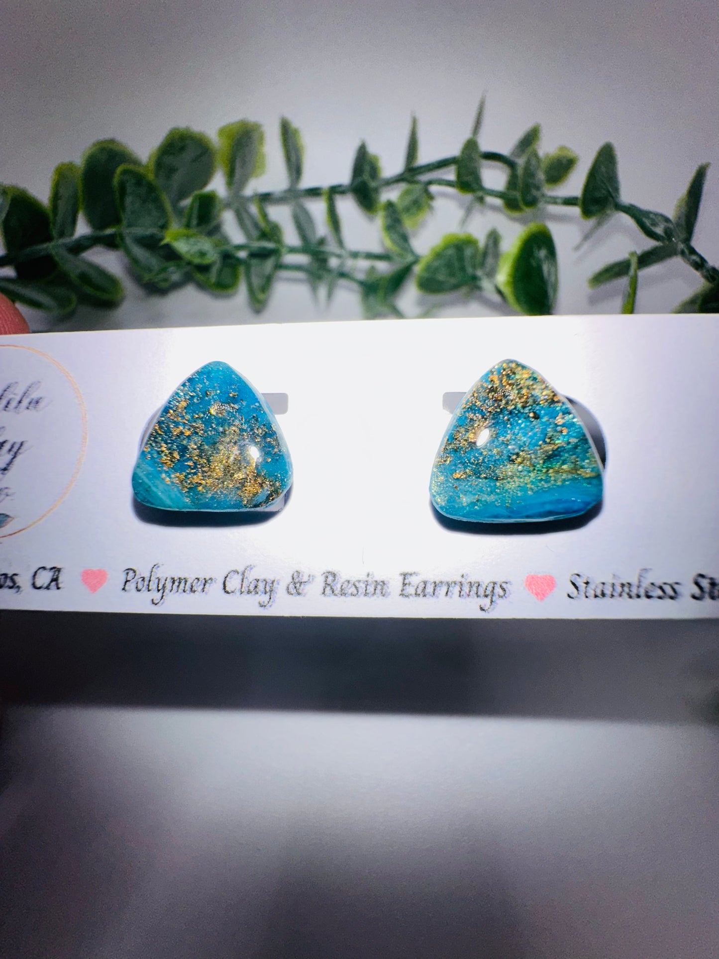 Sparkly Blue and Gold Triangle Studs / Post Earrings