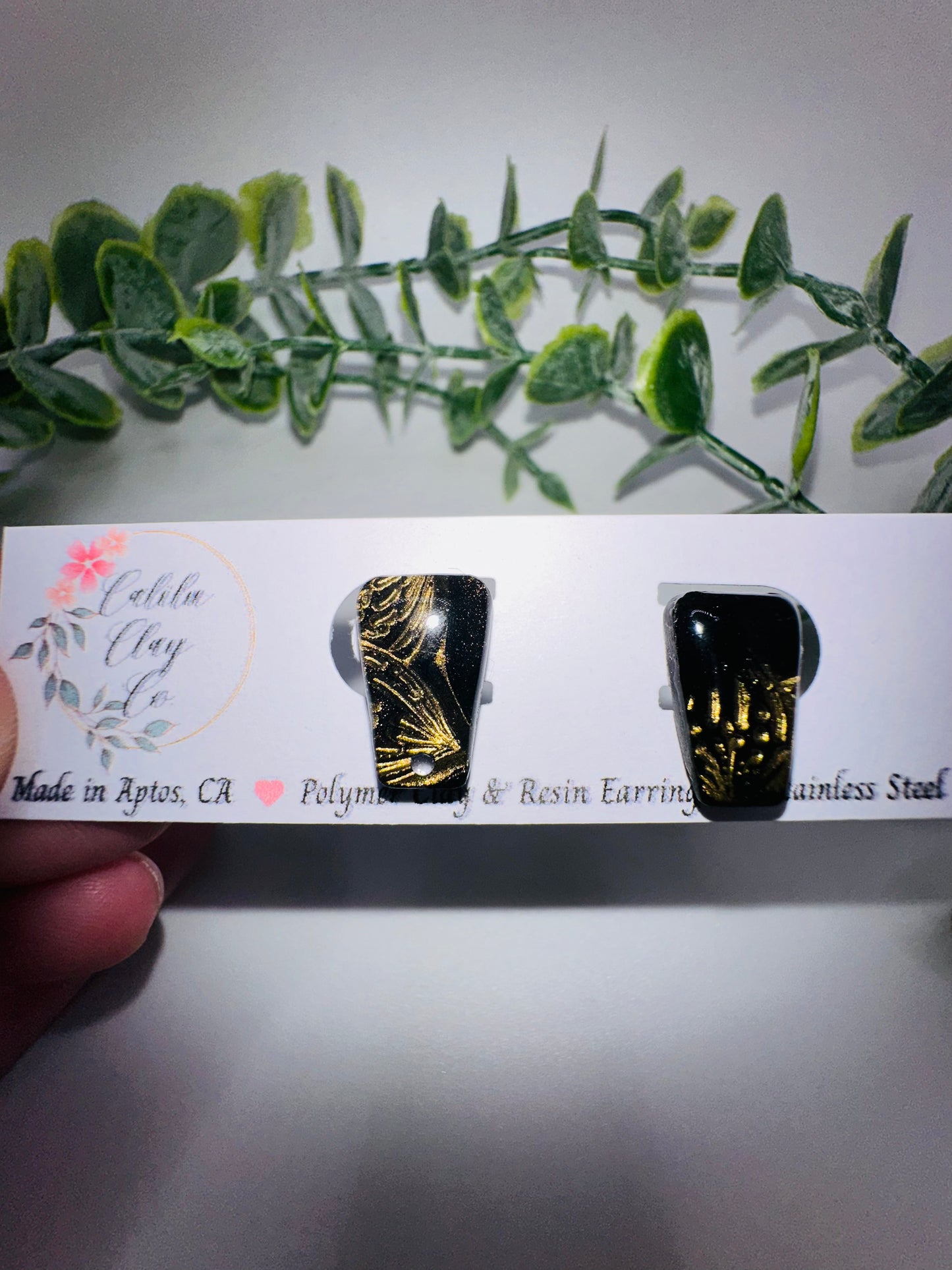 Black and Gold Floral Abstract Drop Studs / Post Earrings