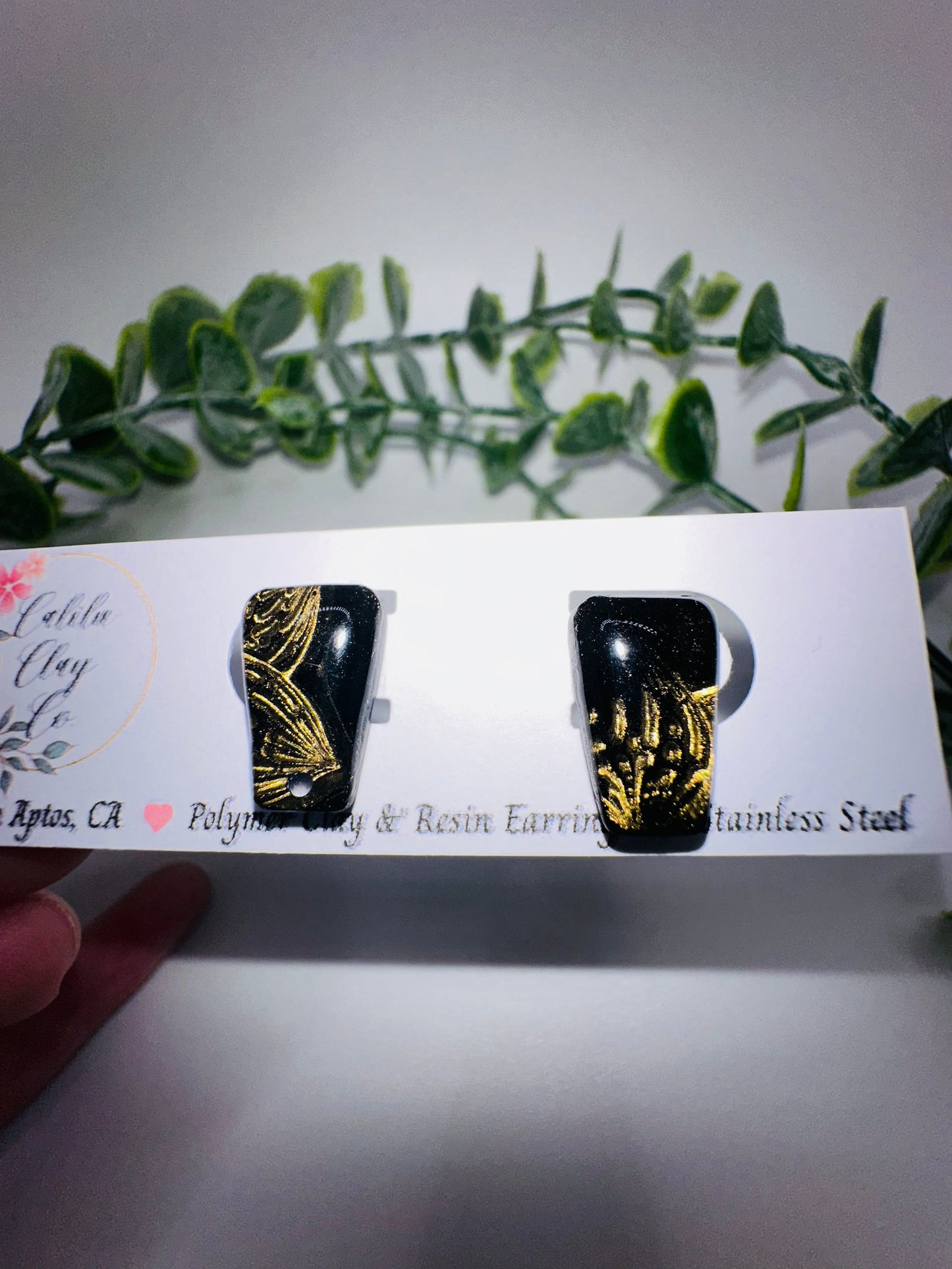 Black and Gold Floral Abstract Drop Studs / Post Earrings